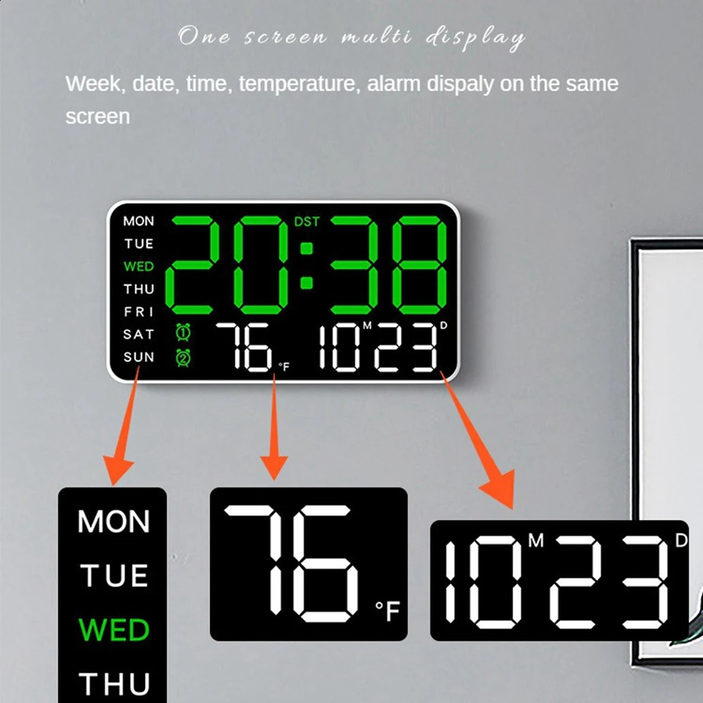 Large Digital Wall Clock Week Date Temperature Display Voice Control Table LED Alarm Clocks Brightness Adjustable 1224H Clock 240822