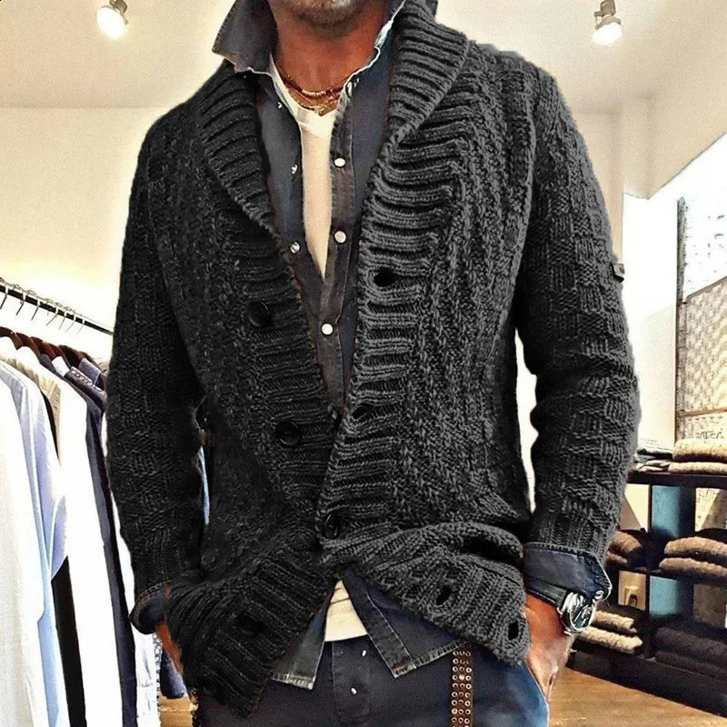 AutumnWinter Mens Solid Color Sweater Retro Collar Knitted Long Sleeve Open Fleece S3XL 240821