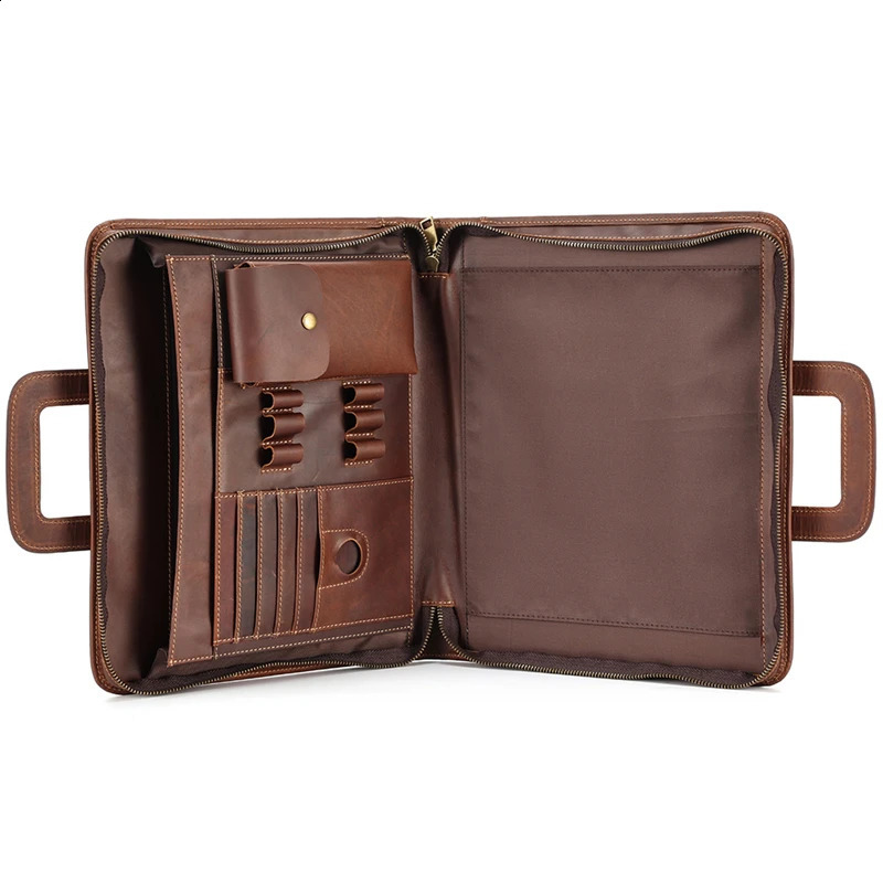 High Quality Vintage A4 Brown Crazy Horse Genuine Leather Executive Office Women Men Briefcase Handbag Portfolio Bag M2215 240821