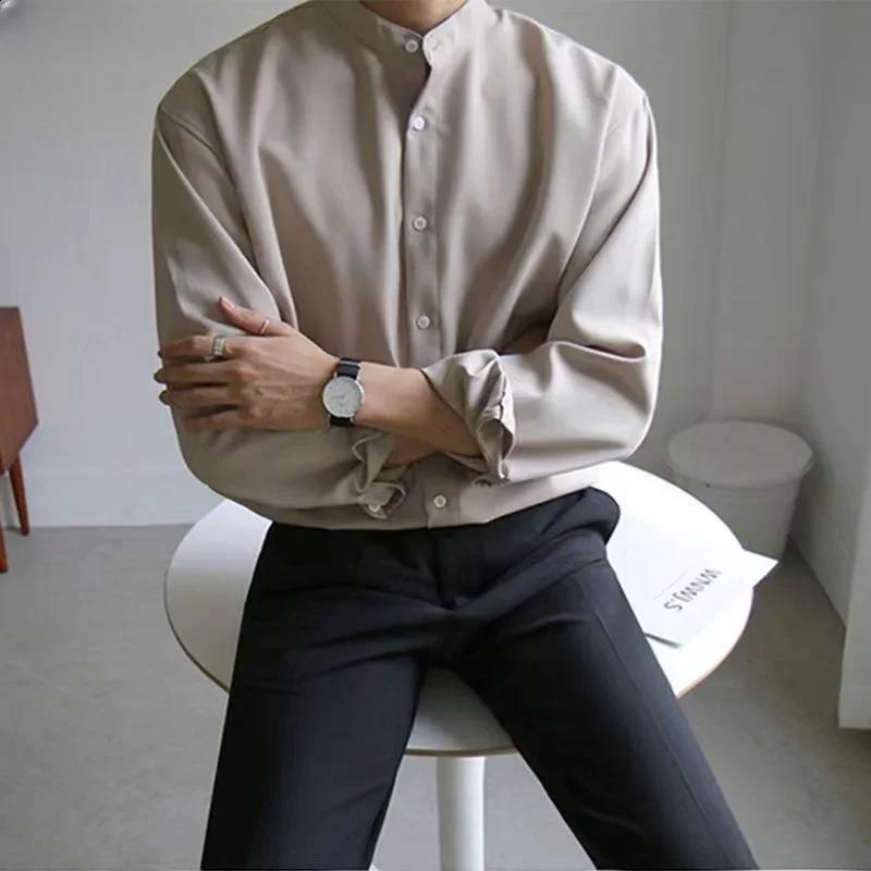 Men Spring Autumn Fashion Stand Collar Solid Shirts Men Long Sleeve Business Casual Shirts Male Loose Blouses I170 240822