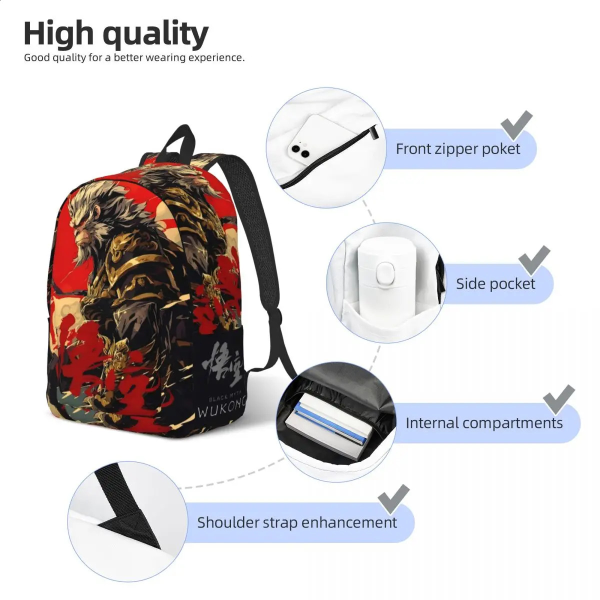 Black Myth Wukong Monkey King Backpack Mens High School Business Game Chinese Laptop Shoulder Bag 240822