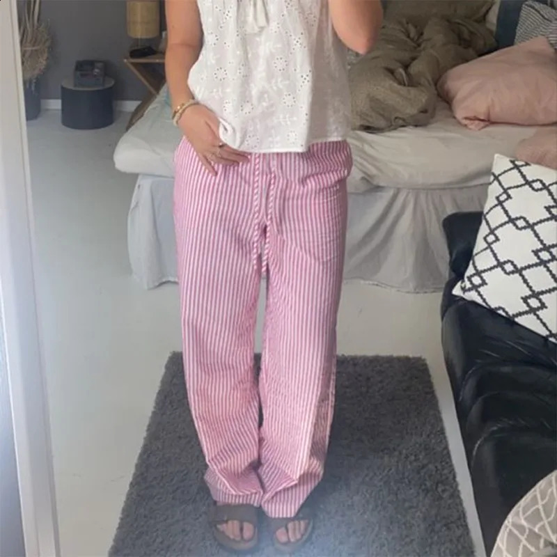 QWEEK Vintage Y2k Blue Striped Casual Pants Oversized Harajuku Korean Fashion Old Money Baggy Pink Trousers Woman Summer Thin 240821