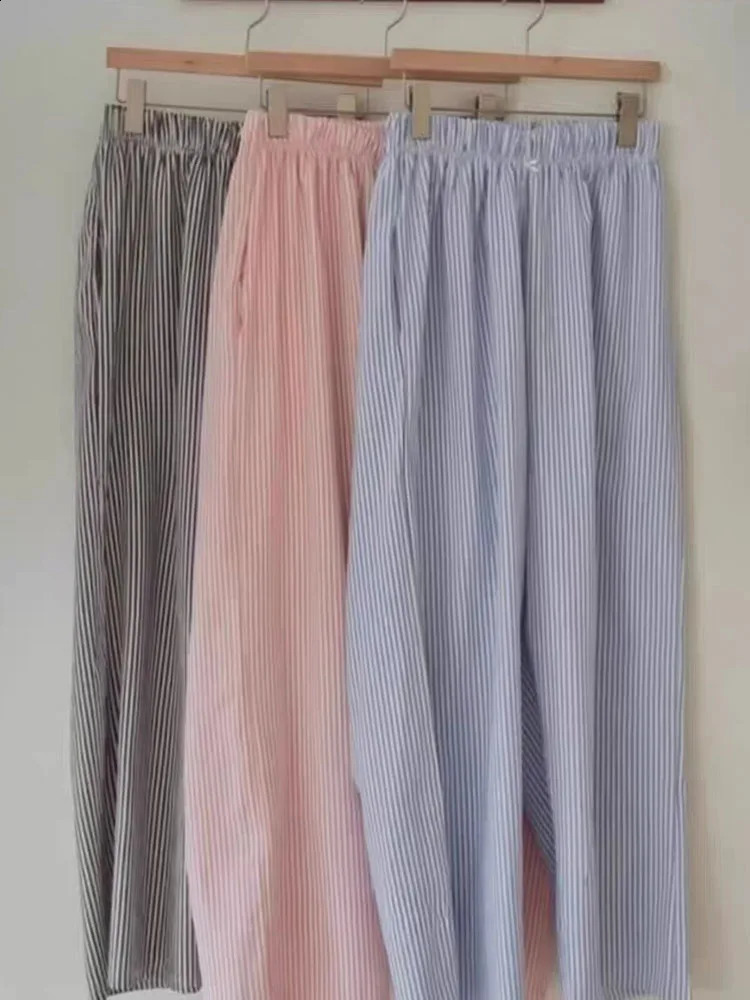Korean Cotton Bow Striped Wide Leg Women Casual Loose High Waist Pockets Mopping Pajama Pant Comfort Home Straight Trousers Z260314