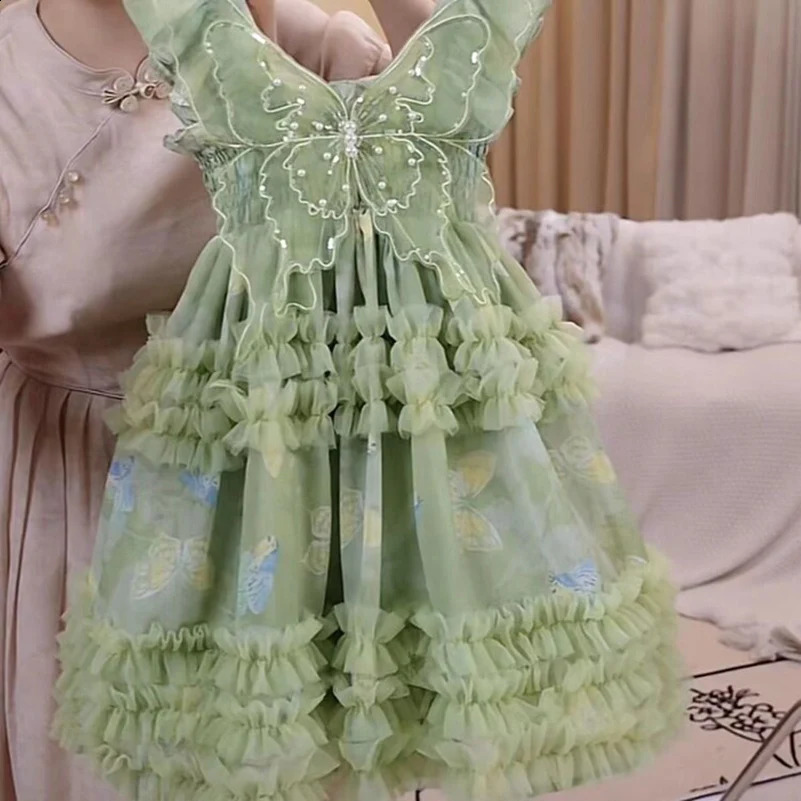 Summer girls childrens fashionable dress with green bow/hanging mesh princess skirt suitable for childrens clothing 240813bj