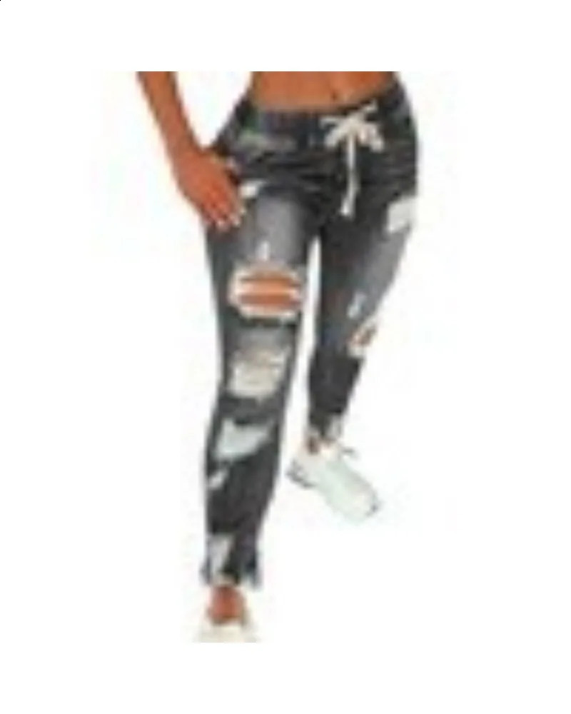 S-5XL Size Tight Jeans Womens Mid Waist Lace up Slim Fit Elastic Ft Perforated Denim Pants Z260313