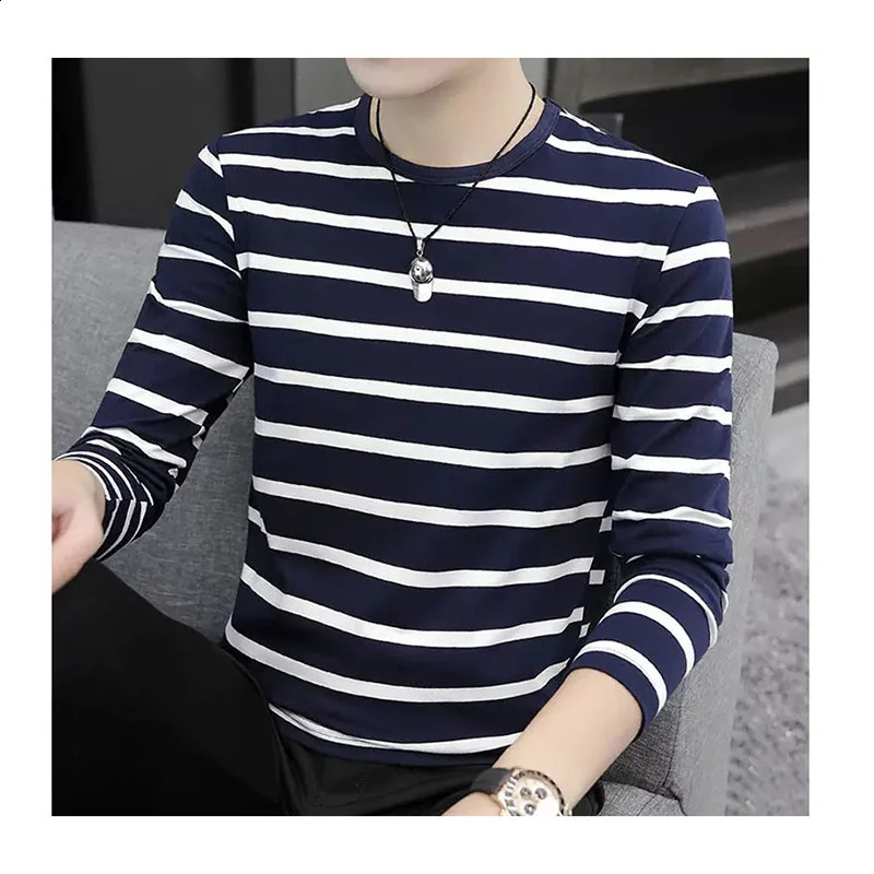 Fashionable Oneck fully matched striped Tshirt for mens autumn item oversized casual floral long sleeved Korean 240822
