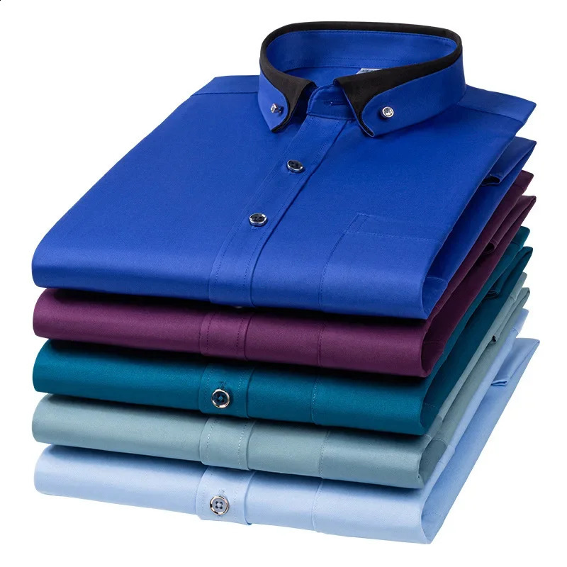Mens Shirt Long Sleeve Elastic Wrinkle Proof Business Office Spring and Autumn Top Classic Solid royal blue -Black -White-green 240822