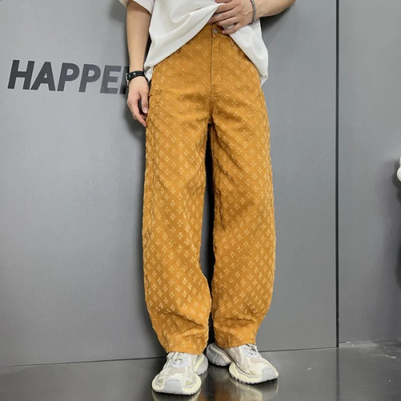 Personalized Jacquard Pattern Jeans Mens Straight Loose Bottom Embossed Pumpkin Color Pants 240821