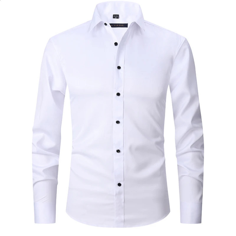 Mens Long-sleeved Business Casual Shirt Solid Color Slim Non Iron White Black Blue Formal Dress Shirts Easy Care 240822