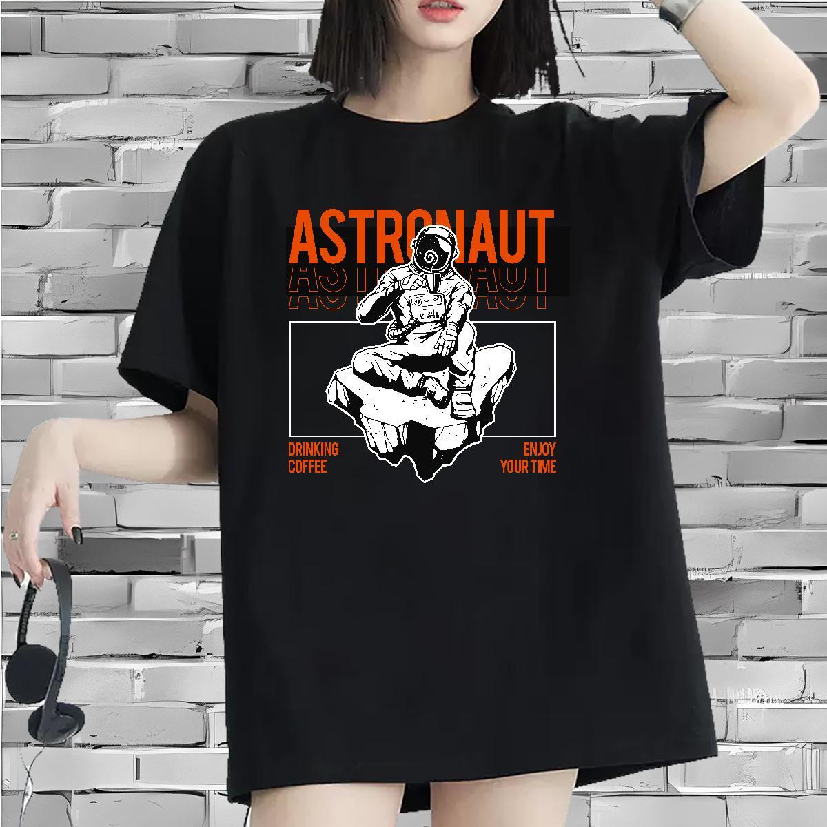 High quality Women Tees 230g Pure Cotton spaceman Casual Daily Wear T shirt Breathable Crew Neck Black Oversized Tees Shirts