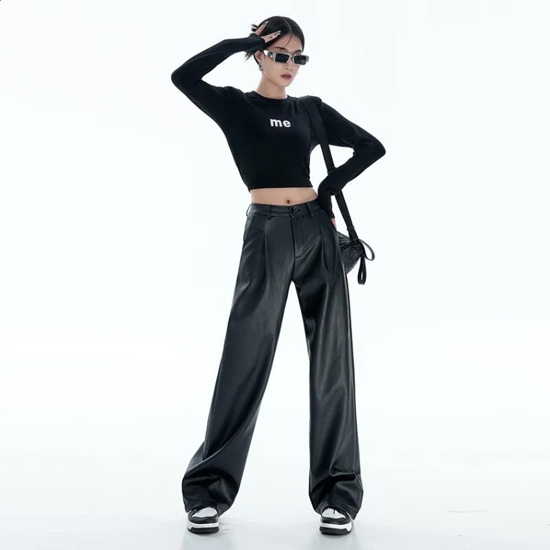 Black PU Leather Pants Women Casual Korean Fashion Baggy High Waist Straight Wide Leg Pants Streetwear Y2K Vintage Goth Punk 240821