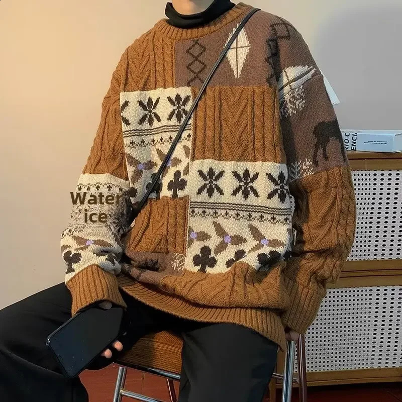 Idle Style Sweater Mens Autumn Winter Hong Kong Style Ins Trendy Knitted Top Youth Vintage Splicing Loose Fit Woolen Coat 240821