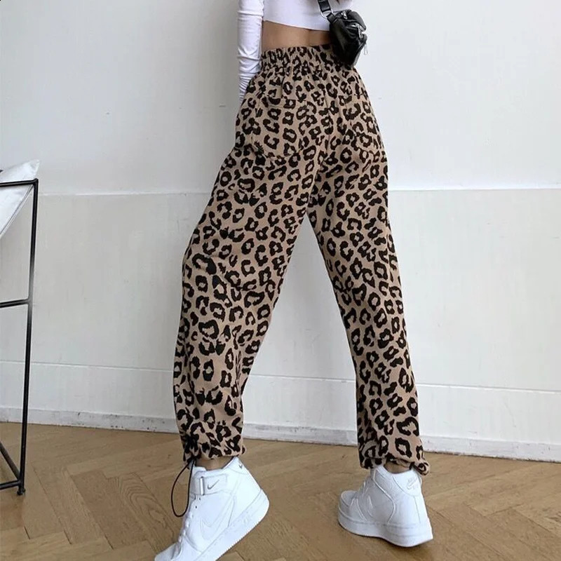 Leopard Pants Women High Elastic Waist Cozy Loose Wide Leg Students Vintage Female Spring Trouser Korean Style Streetwear Trendy 240821