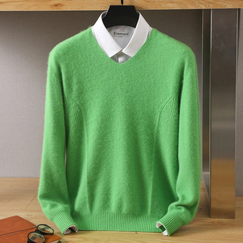Autumn and Winter Mens 100% Mink Cashmere Blouse Solid V-neck Pullover Comfortable Thickened Sweater 240821