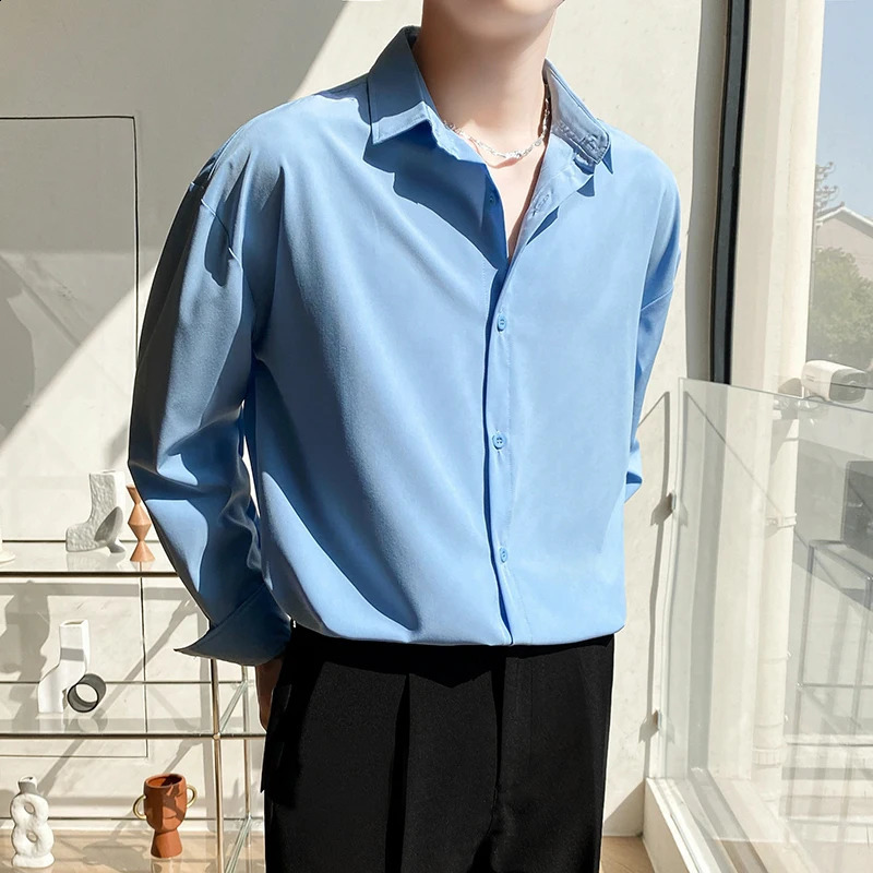 Autumn Mens Long Sleeve Shirts Fashion Korean Baggy No-iron Business Casual Elasticity Lapel Collar Shirt White Light Blue 240822