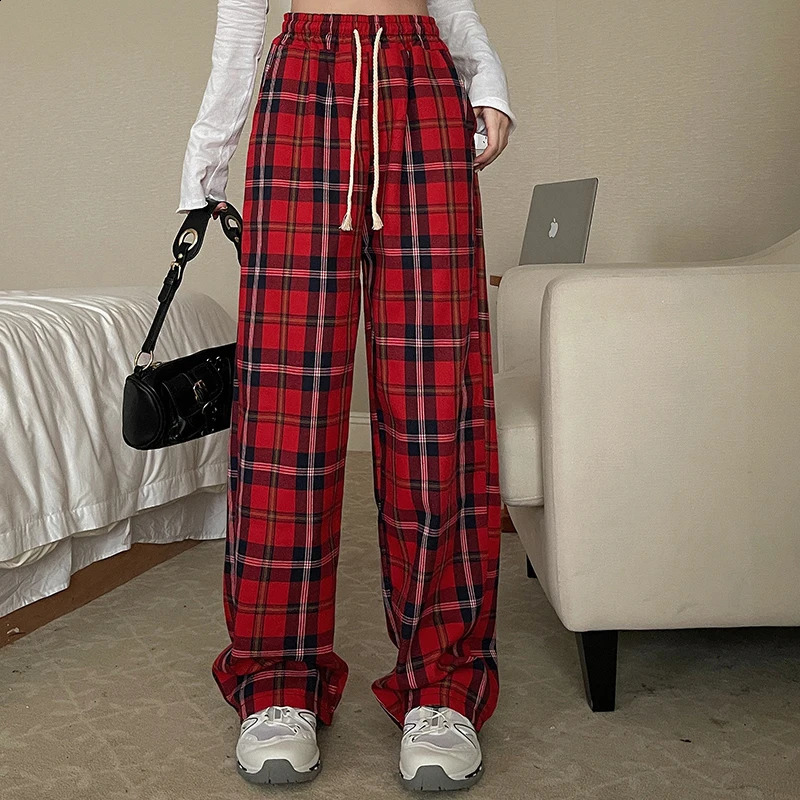 Women High Waist Y2k Loose Straight Leg Pants Lady Korean Harajuku Baggy Wide Leg Trousers Female Casual Grunge Red Plaid Slacks 240821
