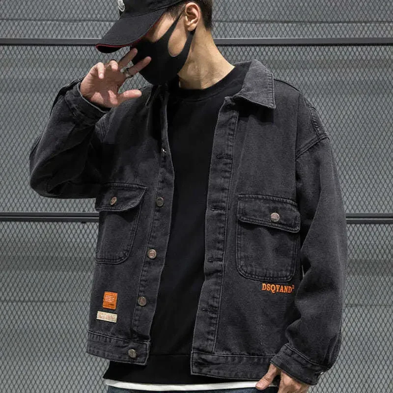 Male Jean Coats Button Autumn Black Mens Denim Jacket Biker Motorcycle With Embroidery Korea Clothing In Low Price Worn Y2k 240821