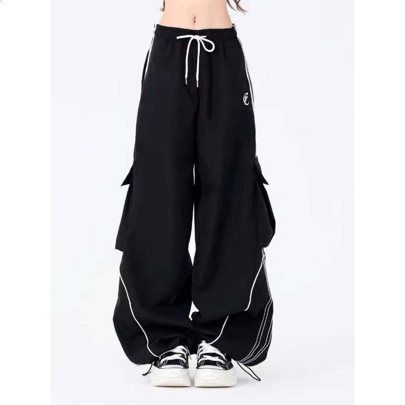 Deeptown Y2K Black Striped Women Cargo Pants Korean Fashion Wide Leg Baggy Trousers Streetwear Autunm Harajuku Hip Hop Oversized 240821