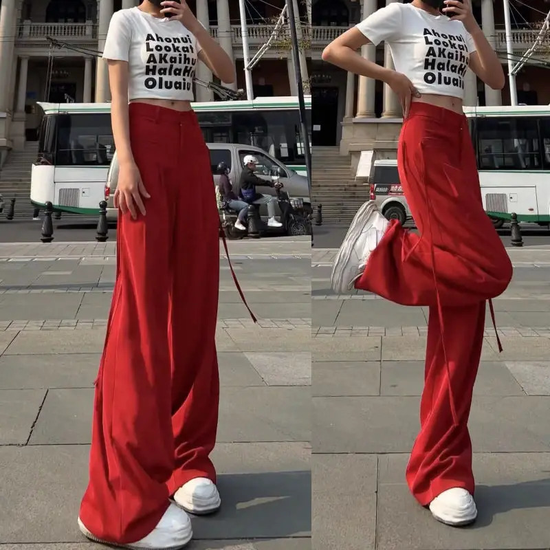 Women Korean Ribbon Casual Streetwear Harajuku Y2K Wide Leg Suit Pants Female Solid Straight Trousers High Waist Pantalones 240821