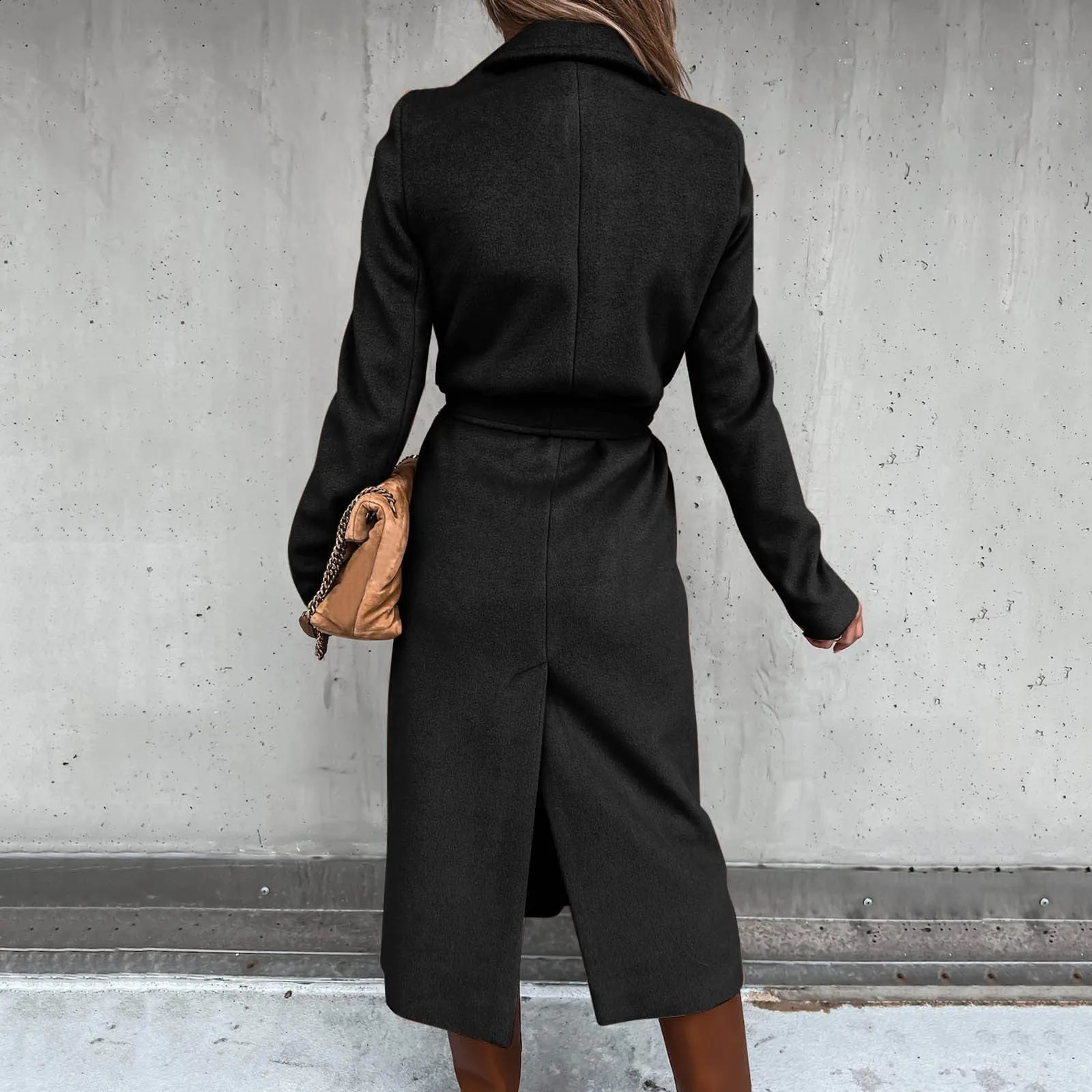 Womens Winter Woolen Coat Elegant Lapel Trench Coat Solid Color Long Jacket Work Tie Long Coat 240822