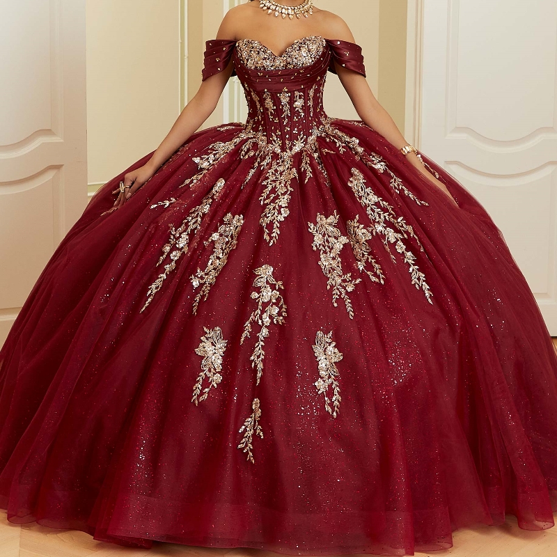Red Glitter Princess Ball Gown Quinceanera Dresses Gold Lace Appliques Crystals Beads Tull Prom Party Sweet Dress Vestidos De Anos I
