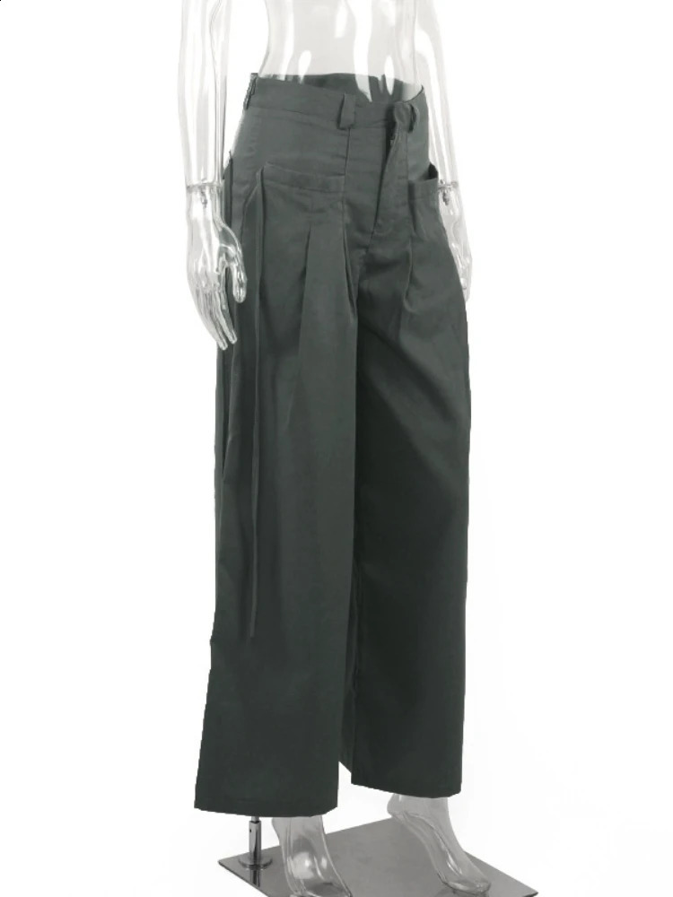 QWEEK Shirring Vintage Wide Leg Pants Women Gray High Waist Y2k Streetwear Casual Suit Pants Korean Loose Office Lady Trousers 240821