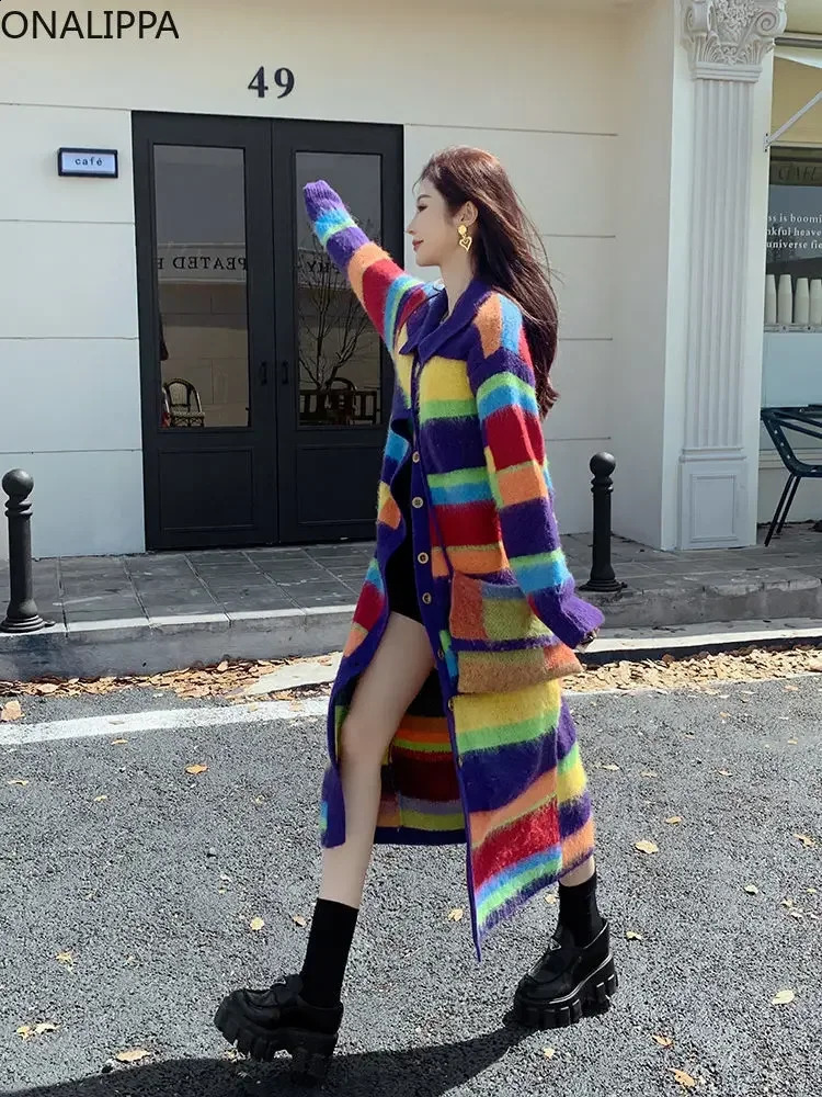 Onalippa Contrast Rainbow Color Knitted Long Cardigan Women Single Breasted Long Sleeves Cardigans Korean Chic Sweater 240814