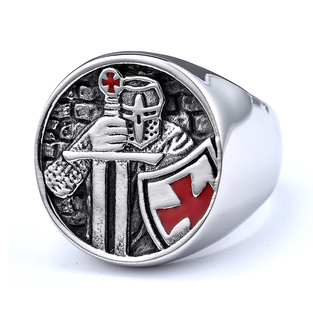 Vintage Knight Cross Casting Ring Titanium Steel Red Oil Drip Mens Jewelry