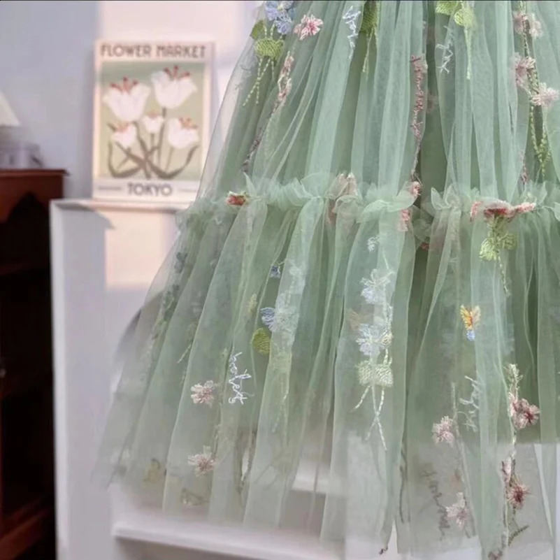 Summer girls childrens fashionable dress with green bow/hanging mesh princess skirt suitable for childrens clothing 240813bj