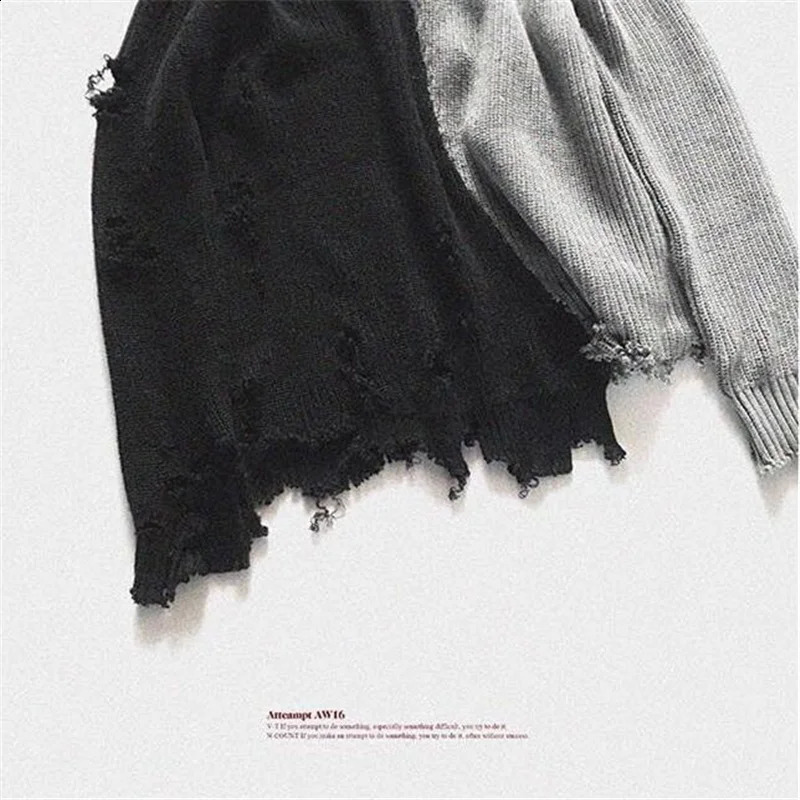 Men ripped destroyed hole asymmetrical n patchwork knitted sweater women couple harajuku pullover hip hop punk knitwear 240821