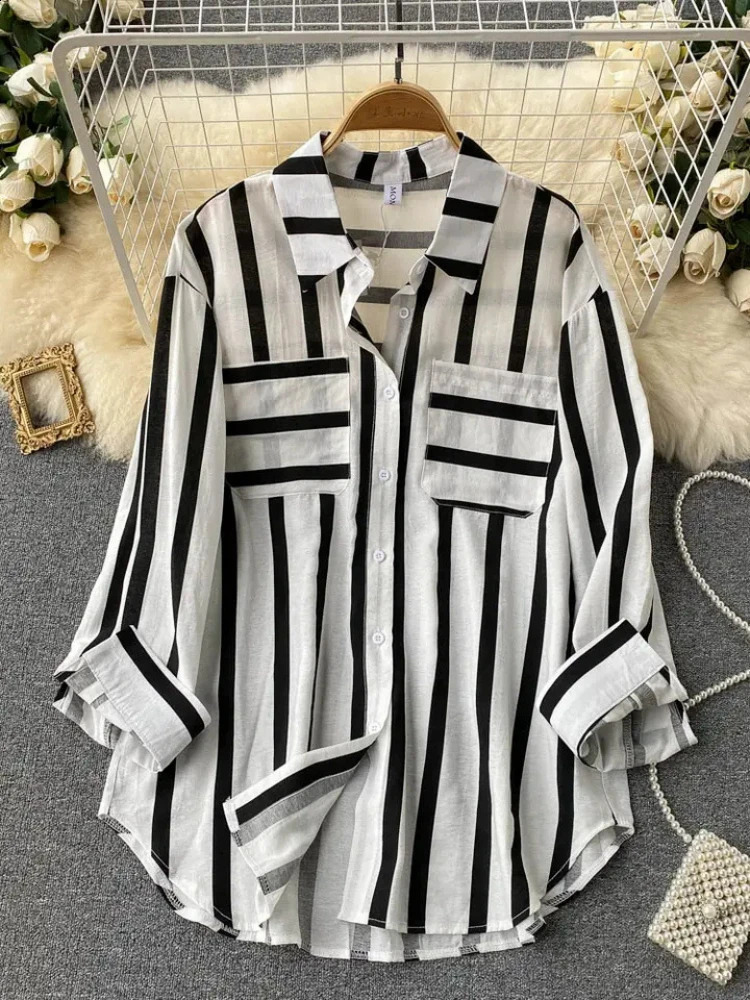 Fashion Woman Blouse 2023 Medium Length Vertical Stripe Shirt Jacket for Womens Korean Casual Loose Fitting Elegant Top 240821