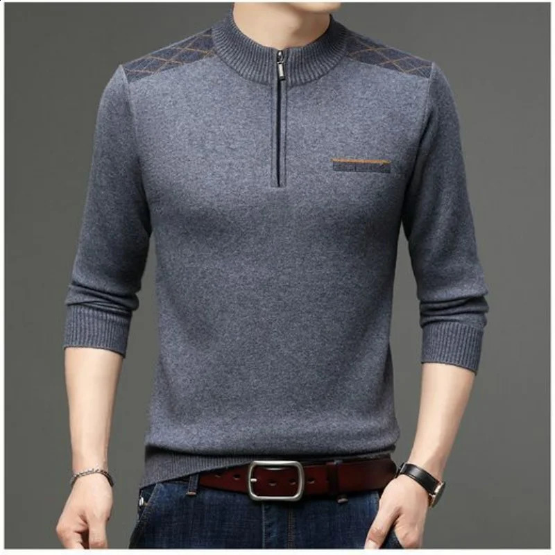 Winter Middle Aged Thick Warm Half Neck Zipper Standing Neck Wool Sweater Print Patchwork Business Casual Fleece Long Sleeve Top 240821
