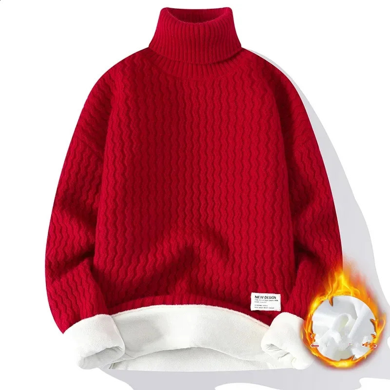 Winter Fleece Turtleneck Sweater Men Warm Knit Pullovers Mens Casual Knitted Sweaters Solid Color Turtleneck Knitwear Man 240821
