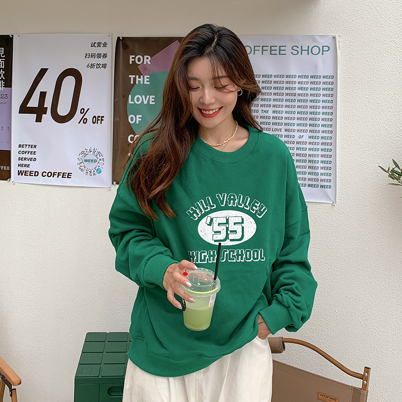 Shoulder hugging back collar, American number letter printed round neck hoodie, women's long sleeved autumn thin top dongdumaoyi
