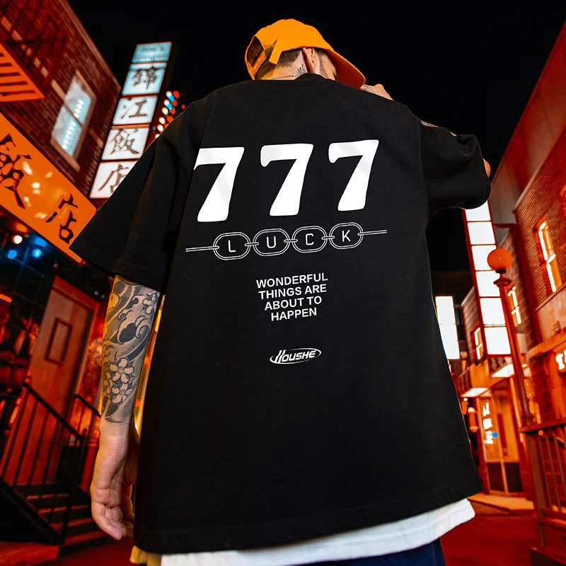 Summer LUCK 7 mens printed Tshirt Y2K streetwear oversized letter hiphop fashion 240822