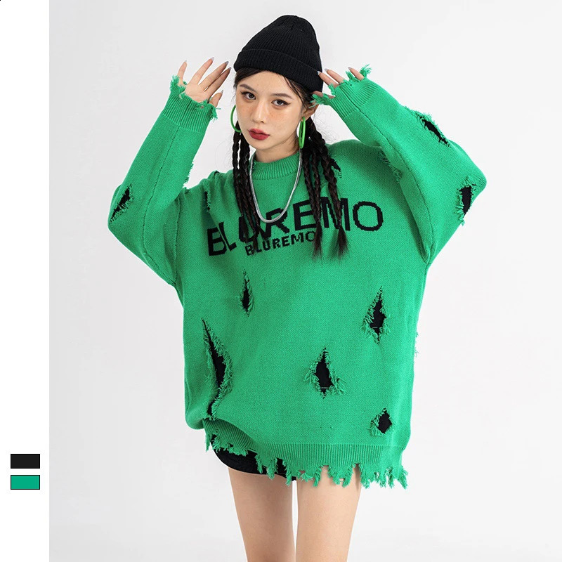 Hip Hop Tassel Hole Knitted Sweater Men Punk Rock Oversized Letter Print Pullover Thick Sweater Cotton Loose Sweater Unisex 240821