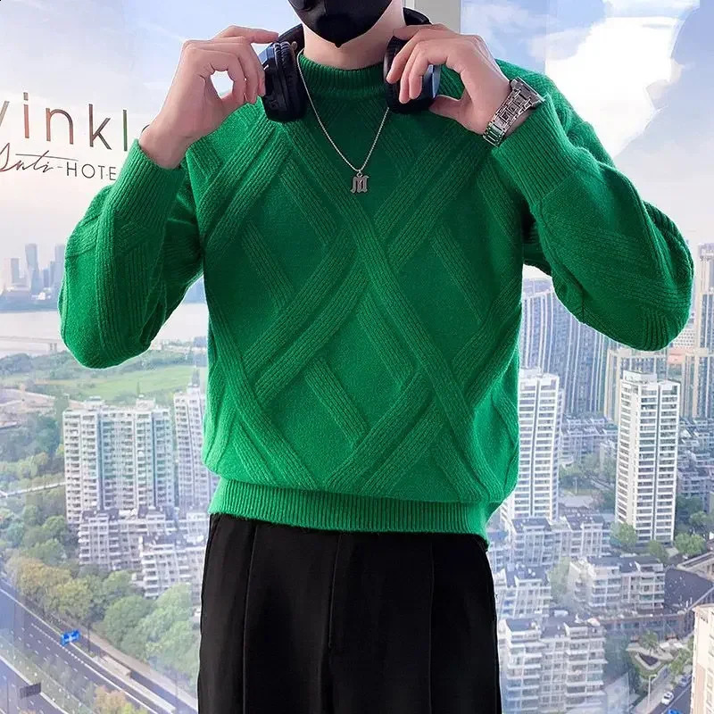 White Knitted Sweaters for Men Round Collar Green Crewneck Pullovers Man Clothes Clothing Knitwears Y2k Streetwear Fun Casual S 240821
