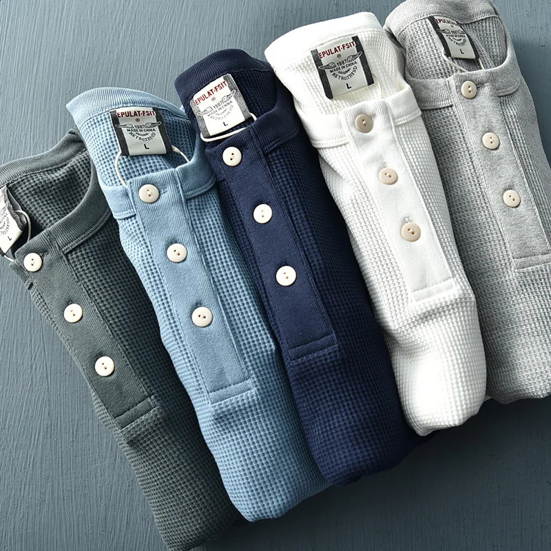 Autumn Long Sleeve Henry Collar Waffle Solid Color T-shirt Mens Fashion Simple 100% Cotton Washed Old Loose Casual Tops 240822