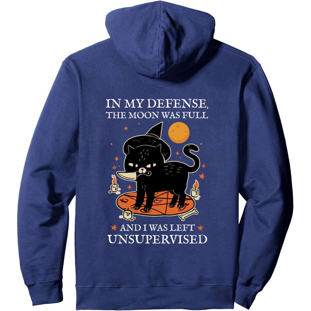 Hoodie for Mens Womens In My Defense The Moon Was Full Black Cat Witch Halloween Pullover Hoodie Graphic Hoodies sweatshirt Pullover Long Sleeve 2025