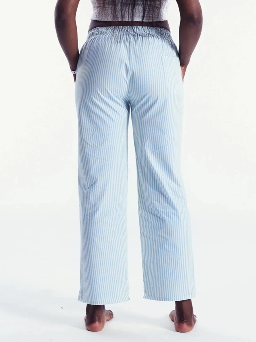 Women Wide Leg Pants Casual Loose Vertical Stripe Print Elastic Lounge Trousers with Pockets for Work Streetwear Daily Life Y2K 240821