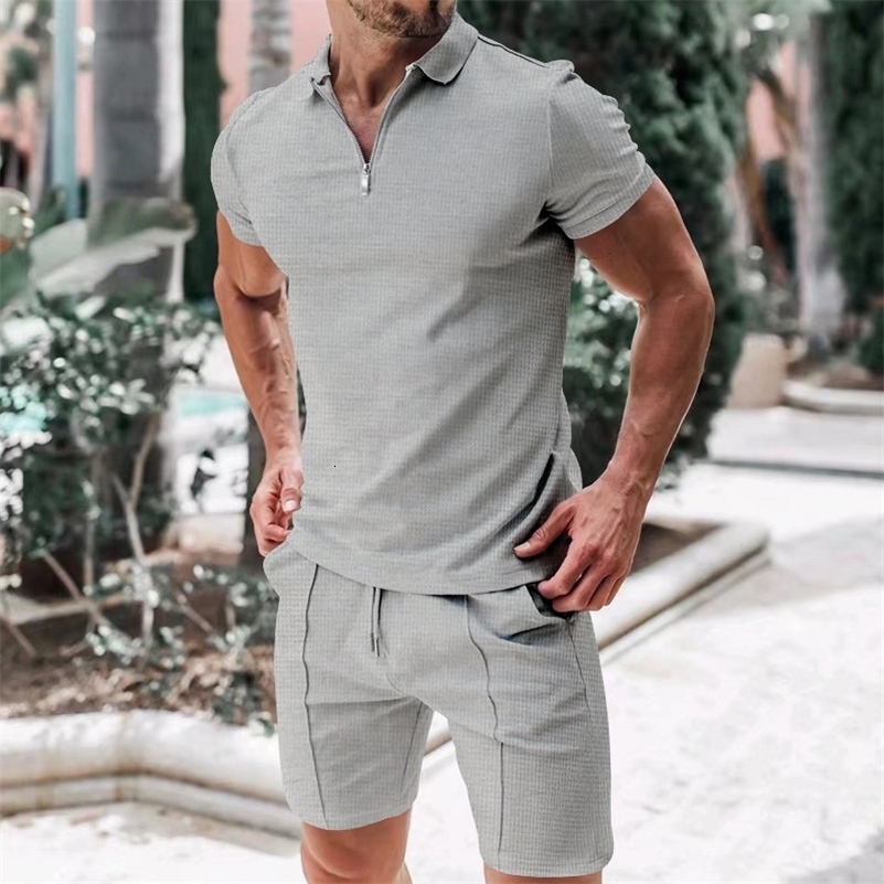 Mens Athletic T-Shirt Set Casual Lapel Short Sleeve Pullover Zip Up T-shirt Shorts 2-Piece Sets Mens Solid Sporty Suits 240821