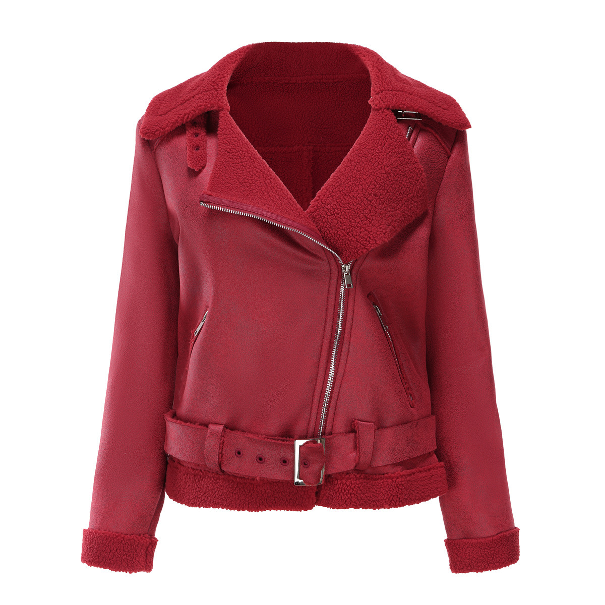 Autumn/winter Fur Integrated Warm Womens Suede Jacket Leather Coat Womens Lapel Coat with Belt