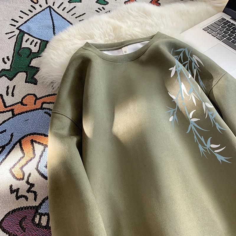 Harajuku Bamboo Leaf Pattern Sweatshirt Fall Heavyweight Suede Sweatshirt Casual Plus Size Round Neck Pullover Hoodie 240821
