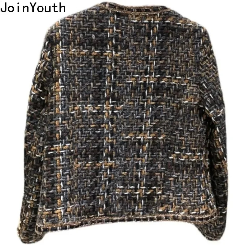Lanjia- Vintage Jackets Women Clothing O-Neck Long Sleeve Pocket Tweed Temperament Tops Fashion Korean Cropped Coat Y2k Clothes 02056