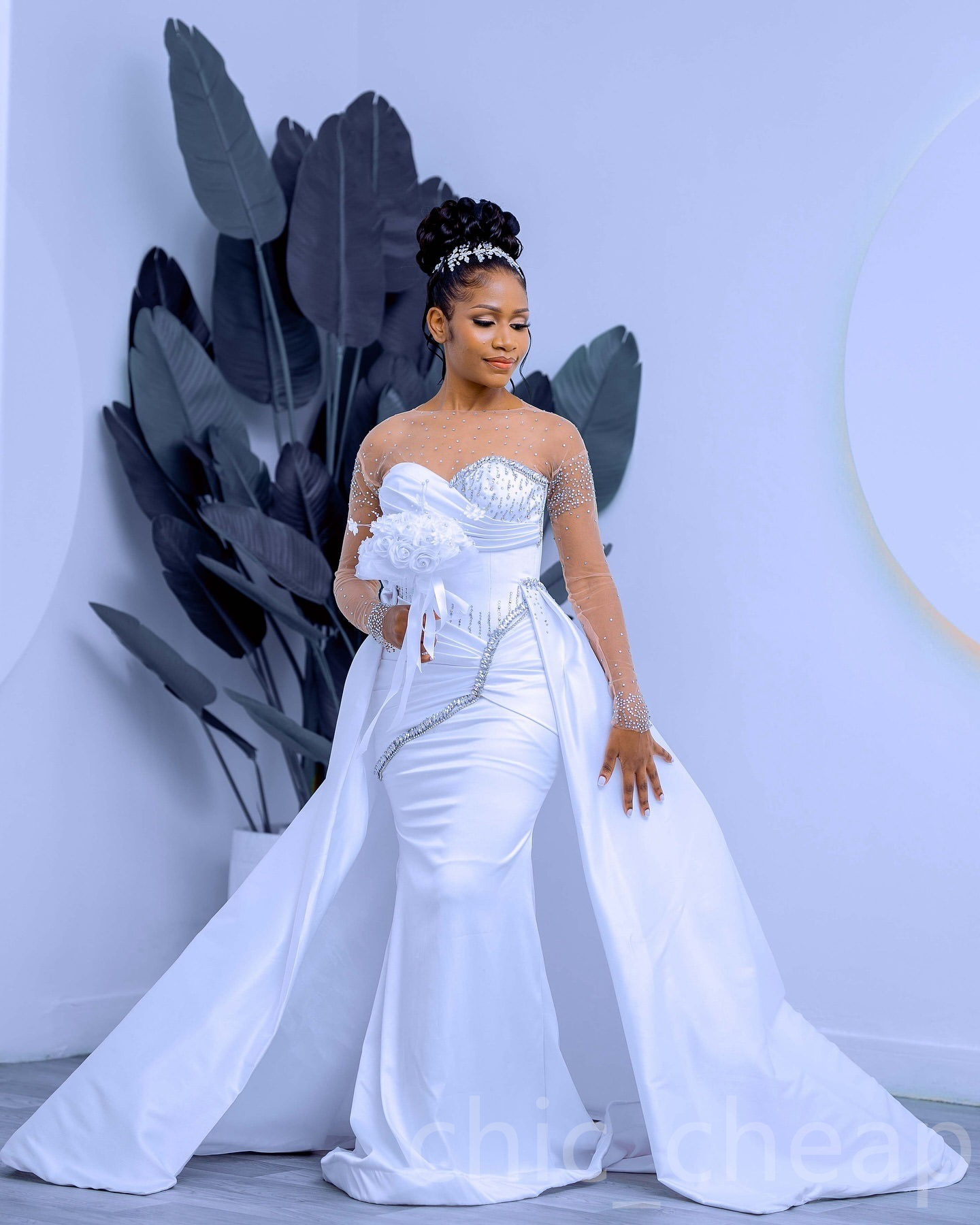 African Aso Ebi 2024 White Mermaid Wedding Dress Satin Rhinestones Sheer Neck Full Sleeves Detachable Train Elegant Bridal Gowns Dresses ZJ215