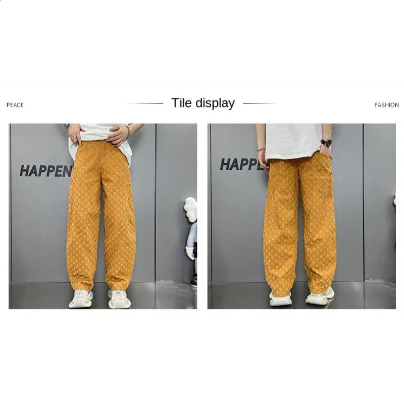 Personalized Jacquard Pattern Jeans Mens Straight Loose Bottom Embossed Pumpkin Color Pants 240821