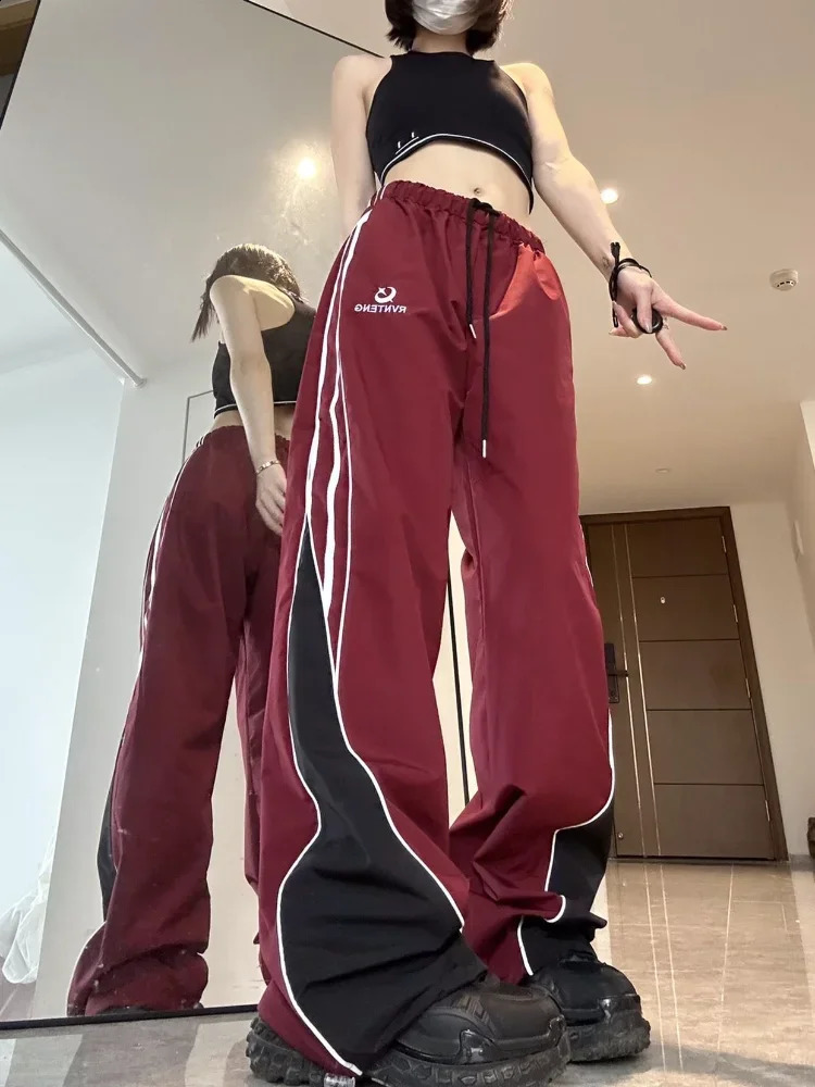 HOUZHOU Vintage Y2k Track Pants Women Hip Hop Gyaru Wide Leg Sports Pants Casual Oversized Parachute Trousers Korean Streetwear 240821