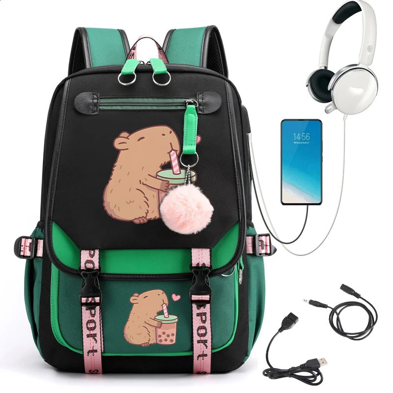 Youth Backpack Kawaii Capybara Bpba Tea School Girls Childrens Usb Rechargeable 240822