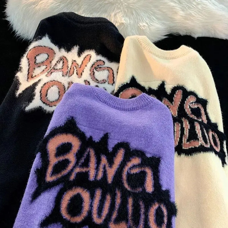Purple Embroidered Letter Sweater Couple AutumnWinter Loose Thick Knitted Street Fashion Gothic Trendy y2k Coat 240821