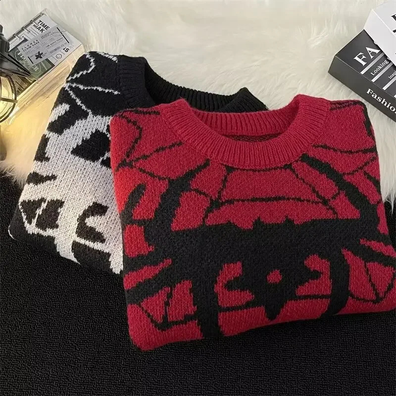 Trendy American Style Dull Black Vintage Flocking Spider Pattern Sweater Pullover Casual Loose-fit Sleeve Knitted Top Men Women 240821